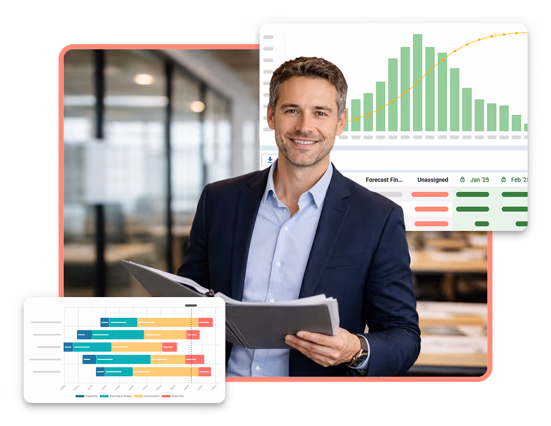 Project consultant holding documents with overlaid dashboard charts showing cost trends, schedule timeline, and status bars.
