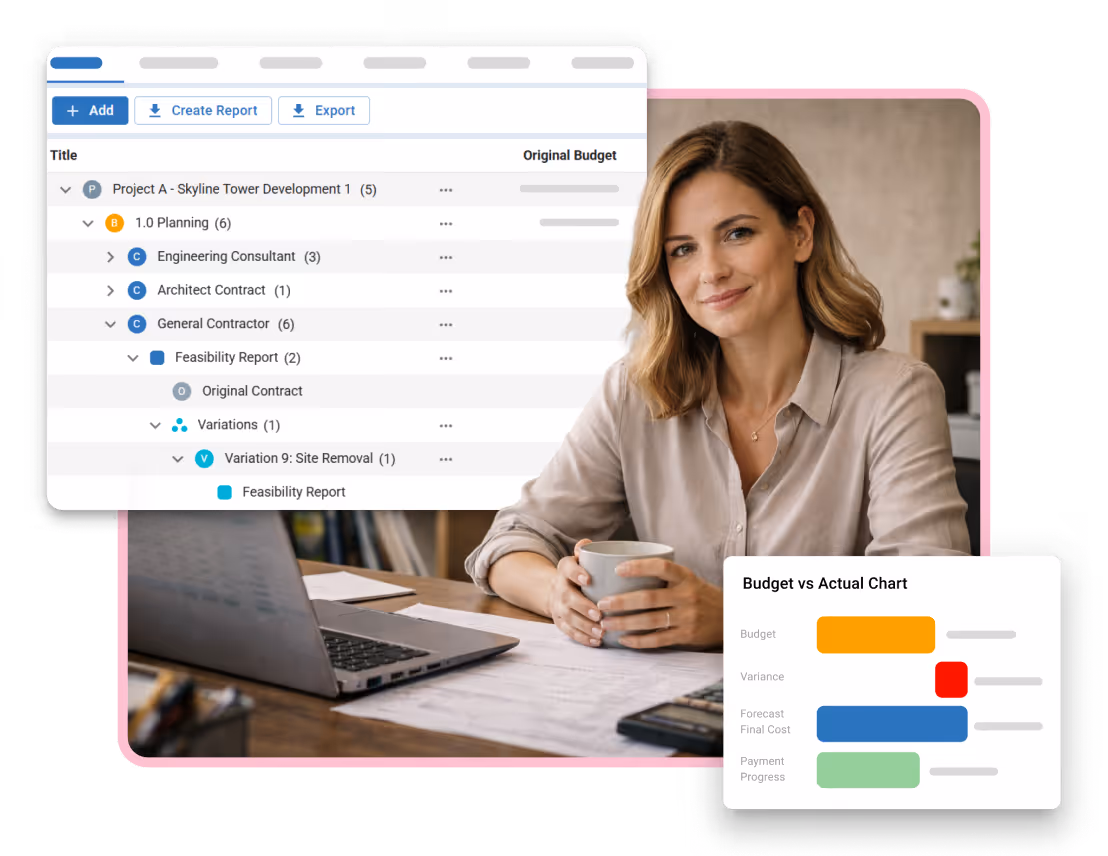 Small construction business owner reviewing project budget, change orders, and cash flow forecast in one dashboard.
