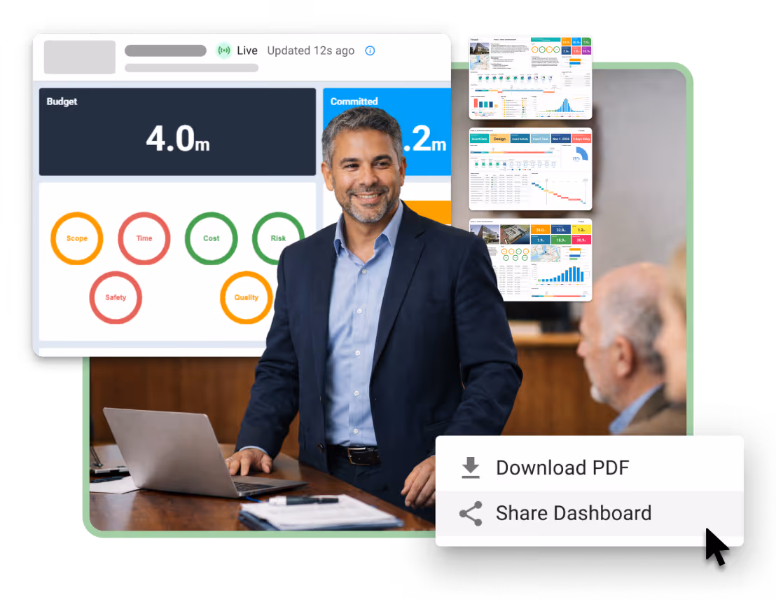 Executive presenting a live government project dashboard for boards, committees, and stakeholder reporting on public funds.