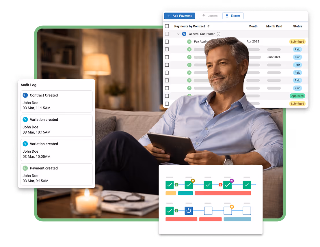 Confident project owner reviewing Mastt audit log and payments table with workflow checklist on tablet.