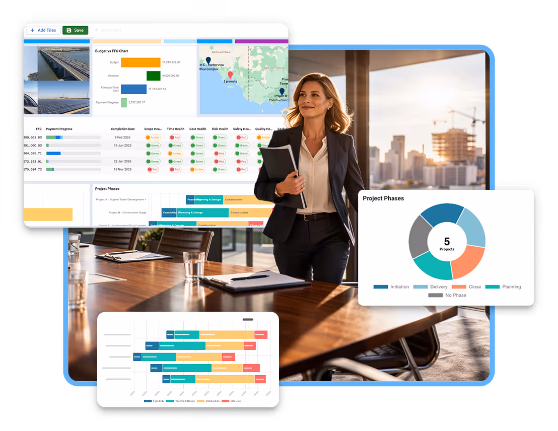 Confident real estate developer in office with portfolio dashboard, project timeline, and phase chart overlays.