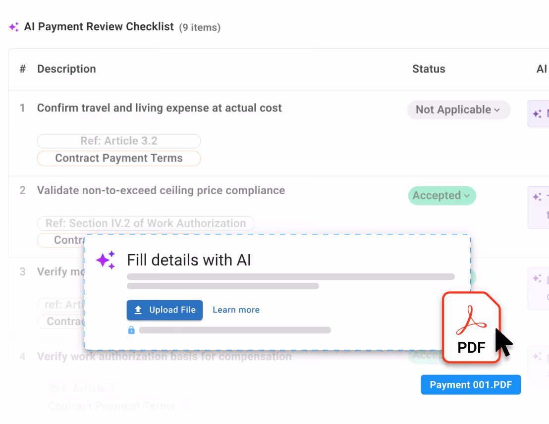 AI payment review checklist with compliance checks, PDF upload, and approval statuses for owner payment certification.