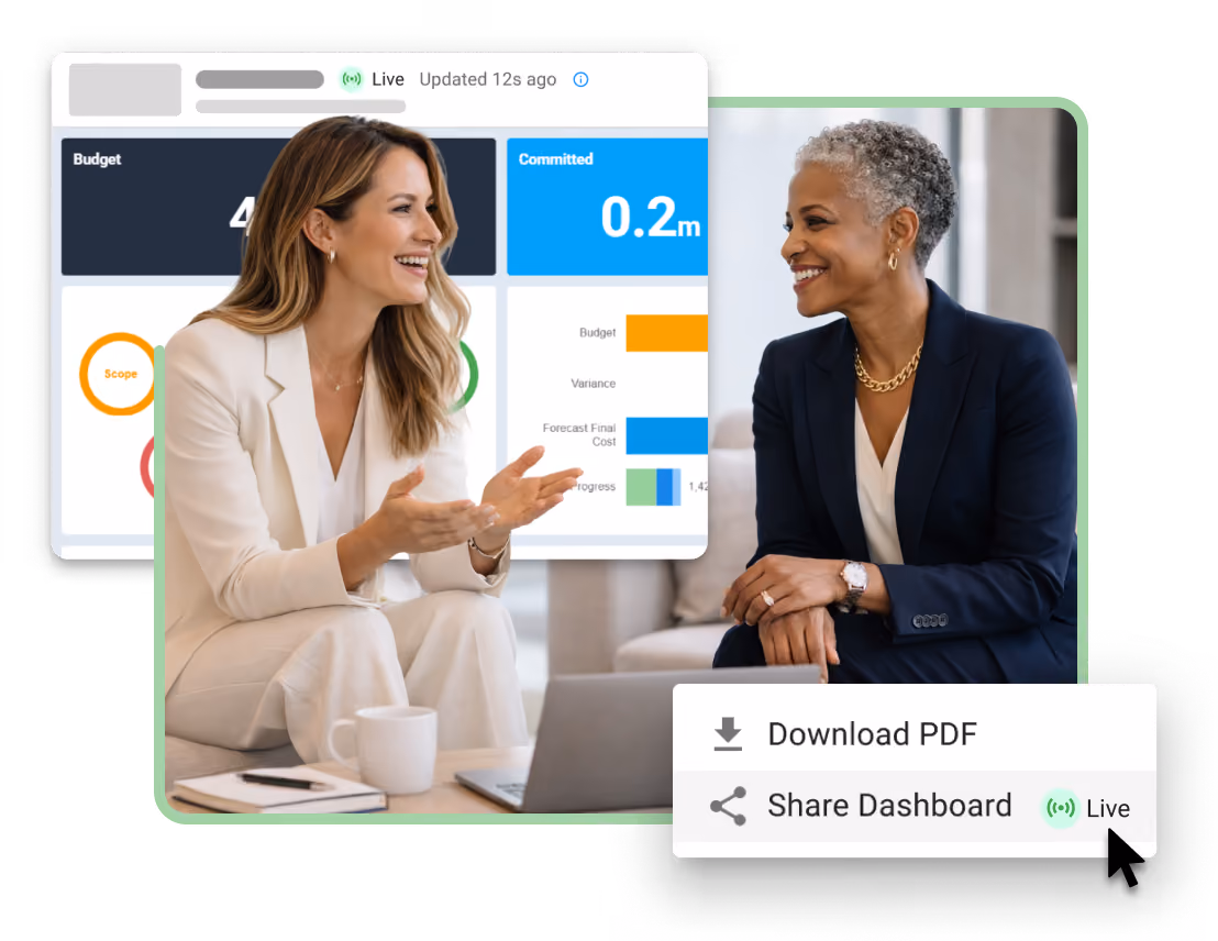 Owner's representative and project owner discussing a live dashboard with share and PDF download options.