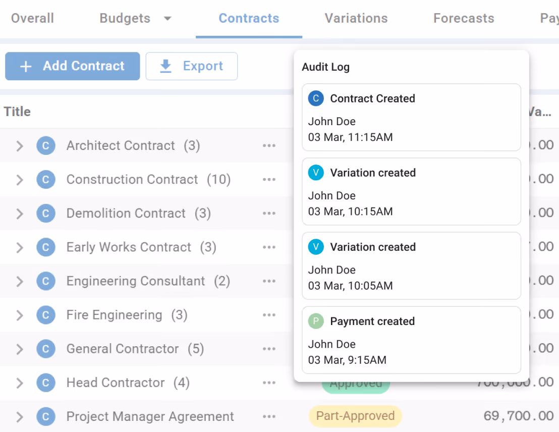 Contract repository with audit log showing created contracts, variations, payments, and exportable contract records.