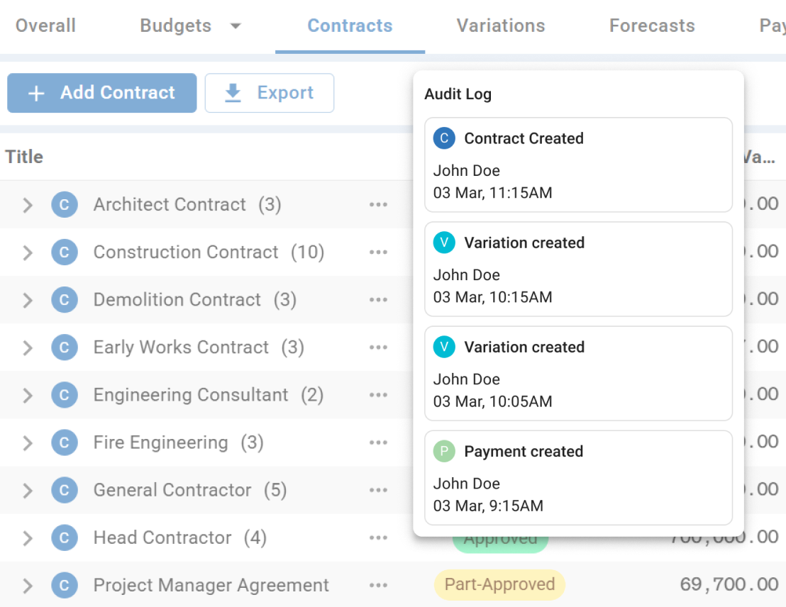 Audit log panel showing time-stamped contract, variation and payment actions with user names and timestamps
