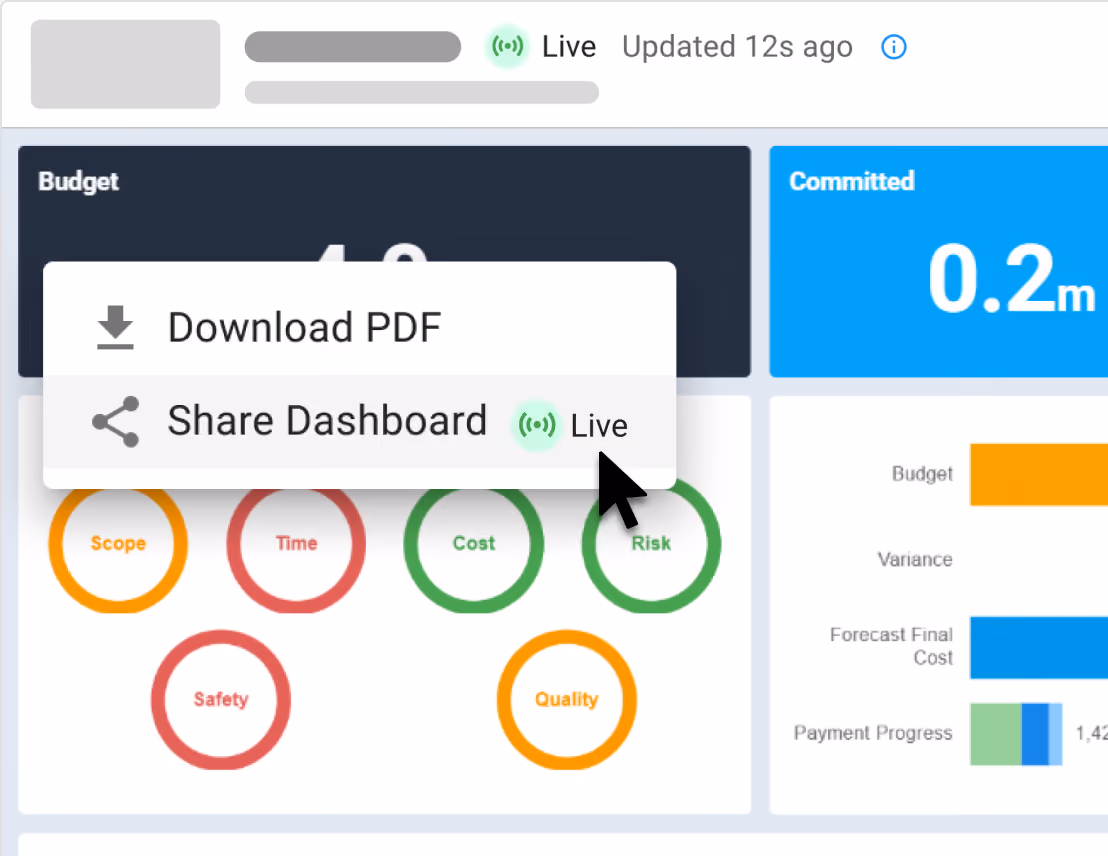 Live project dashboard with PDF download and share options for stakeholder reporting and contract visibility.