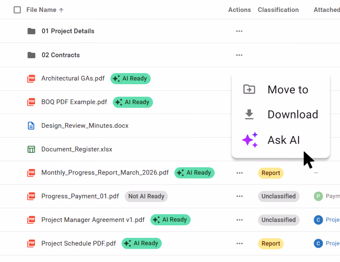 Construction document software showing AI Ready files and Ask AI menu for project reports and contracts.