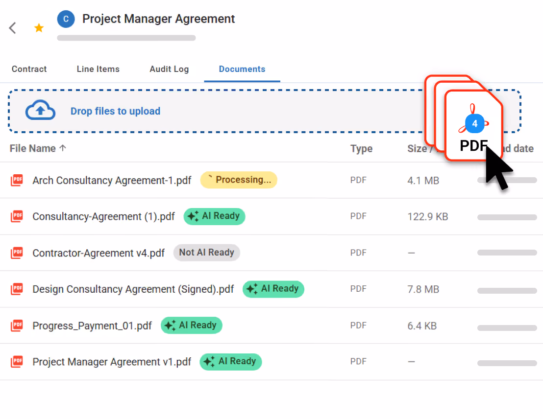 Project agreement documents tab with uploaded PDFs, AI status tags, and linked contract file records.