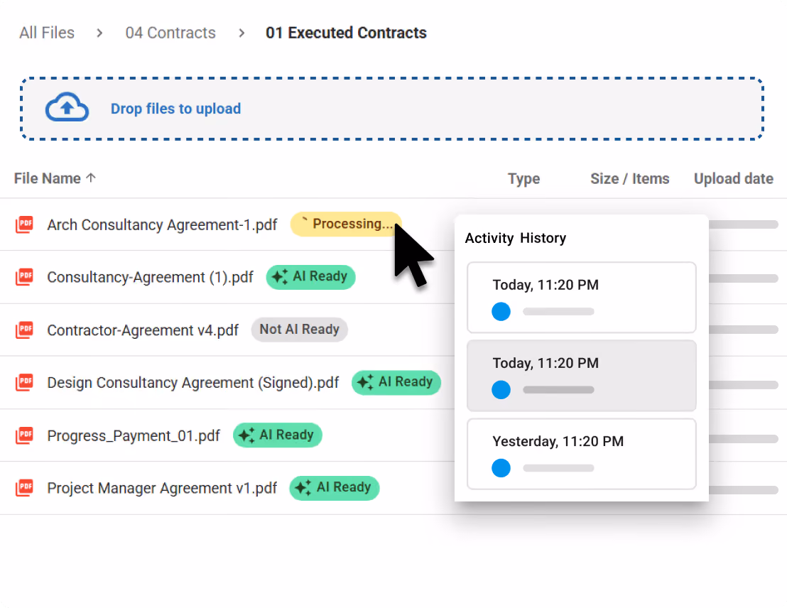 Executed contracts folder with file upload, AI status tags, and activity history for document access and approvals.
