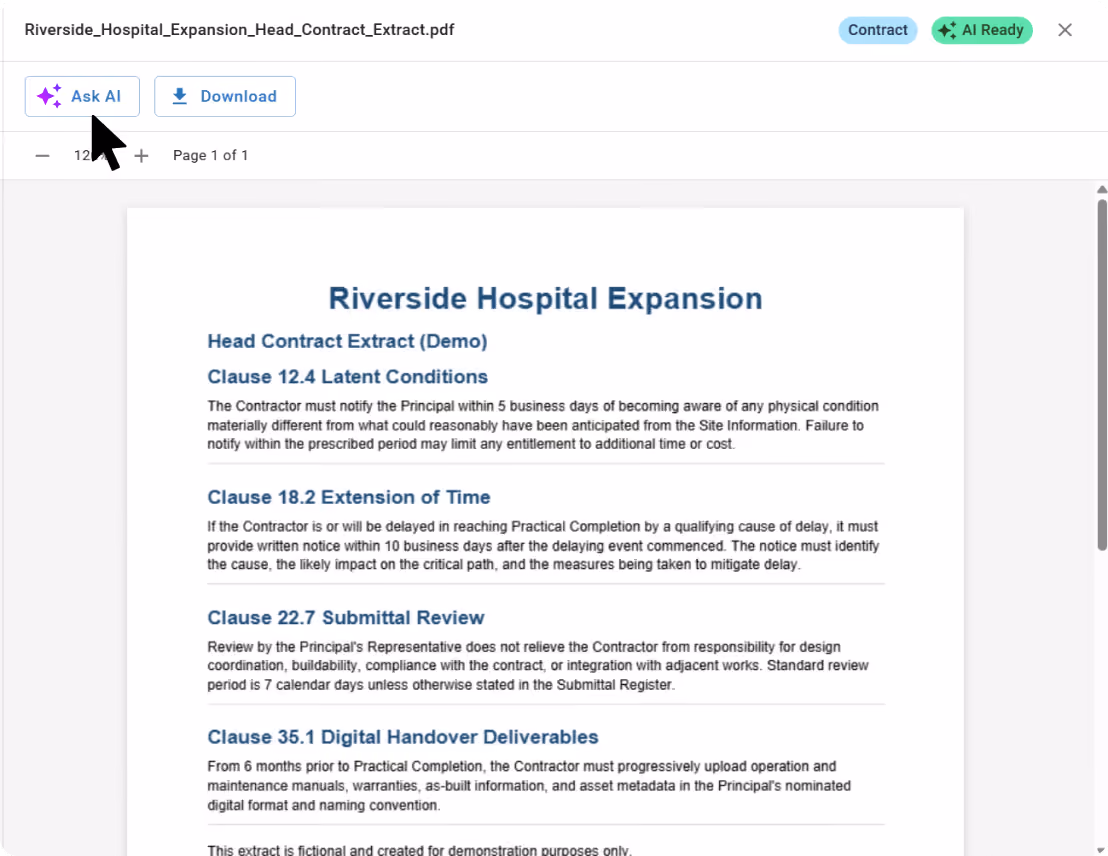 Contract PDF preview with Ask AI and download options in a centralized project document workspace.