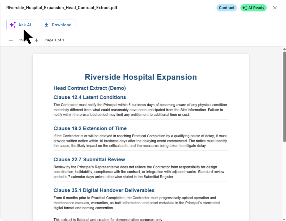 A screenshot of Mastt’s Project Cost Dashboard for the Skyline Tower Development project. The dashboard visually summarizes key financial metrics including total budget (3.0m), committed costs (4.3m), forecasted final cost (EAC) of 4.7m, variance to budget (-1.8m), and total paid (0.8m). It features dynamic charts and graphs showing budget vs payment progress, variance bars, and a cash flow graph with monthly and cumulative overlays.