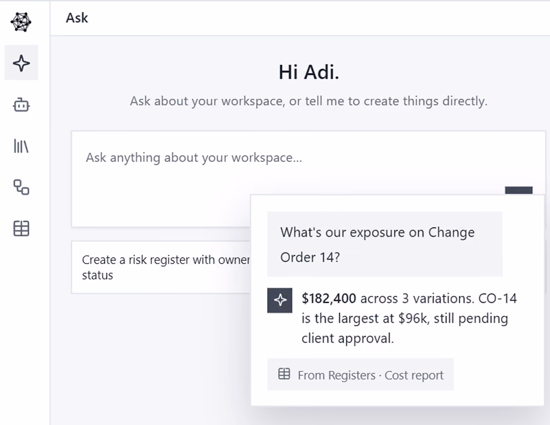 91±¬ÁÏ Ask answering a construction change order question, showing $182,400 exposure across three variations from cost reports.
