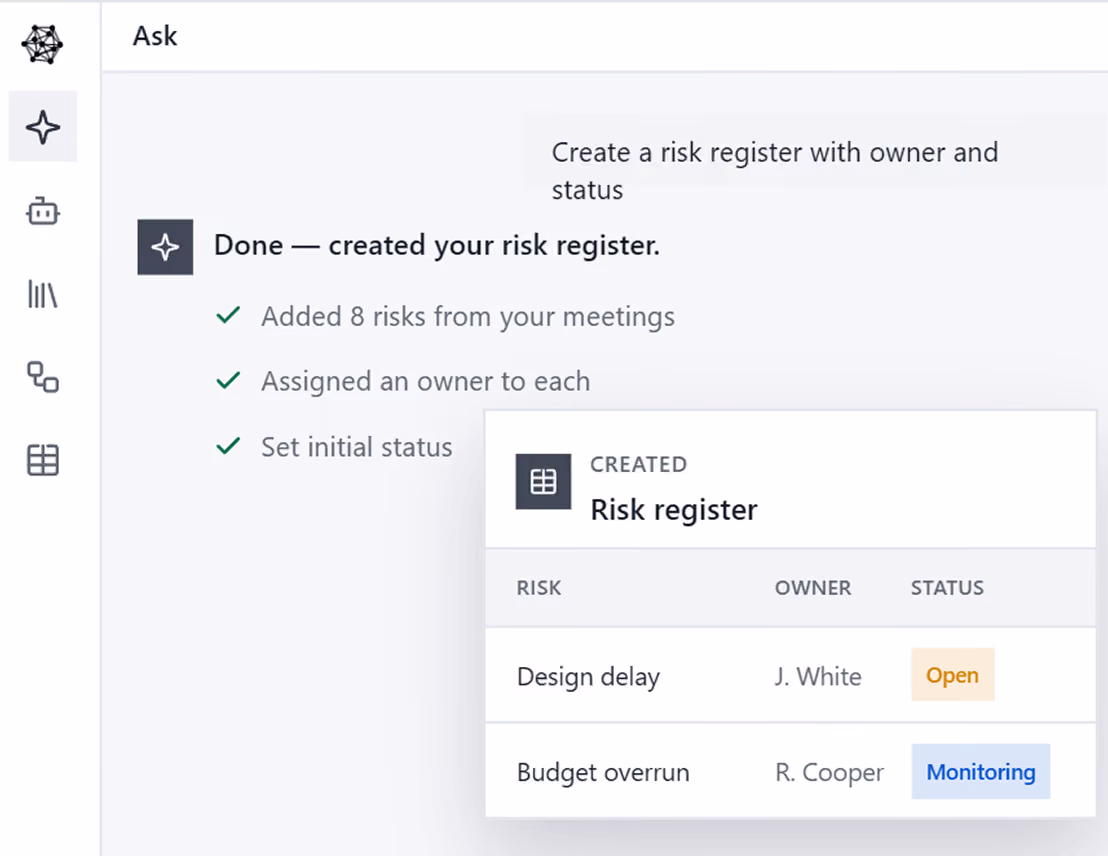91±¬ÁÏ Ask building a construction risk register from meeting notes, with eight risks each assigned an owner and status.