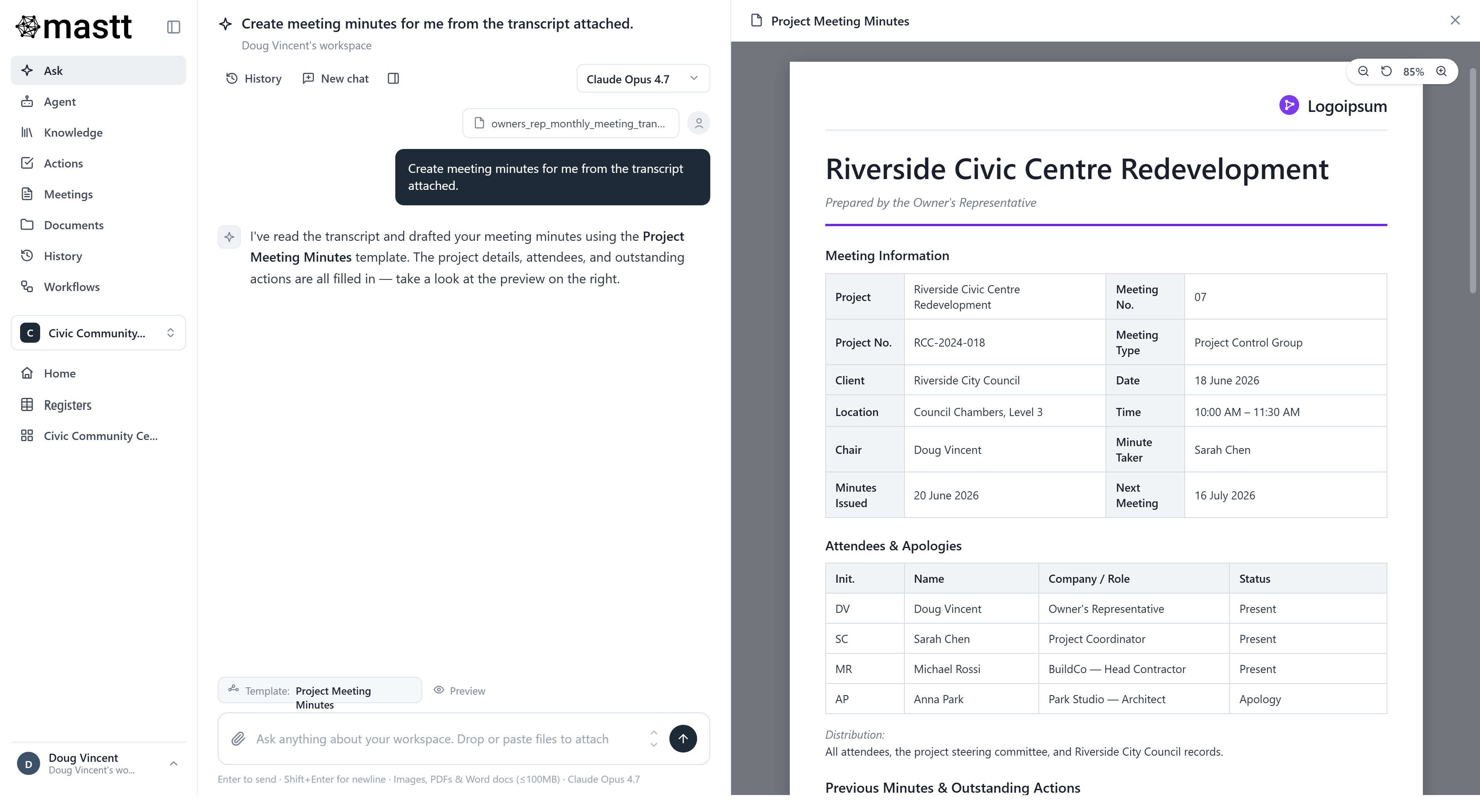 Screenshot of the Mastt AI Contract Assistant interface showing a natural language chat explaining the payment process under a consultancy contract. The AI displays a step-by-step payment process