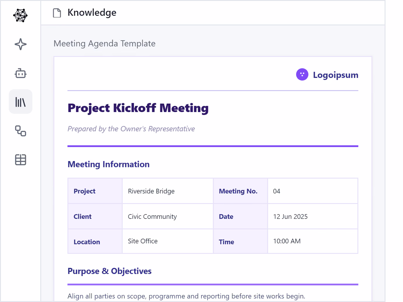 91±¬ÁÏ Knowledge showing a project kickoff meeting agenda template for Riverside Bridge, built to the company's standard format.