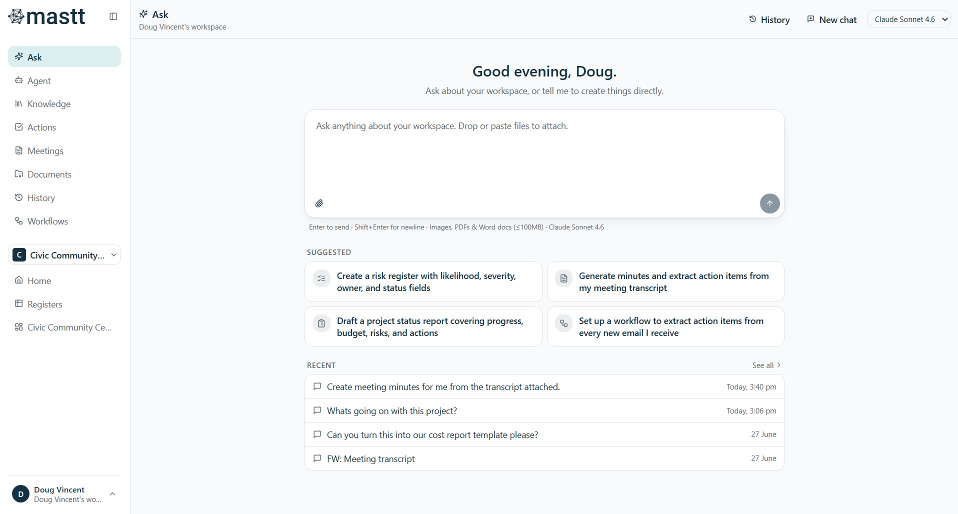 Screenshot of the Mastt AI Contract Assistant interface showing a natural language chat explaining the payment process under a consultancy contract. The AI displays a step-by-step payment process