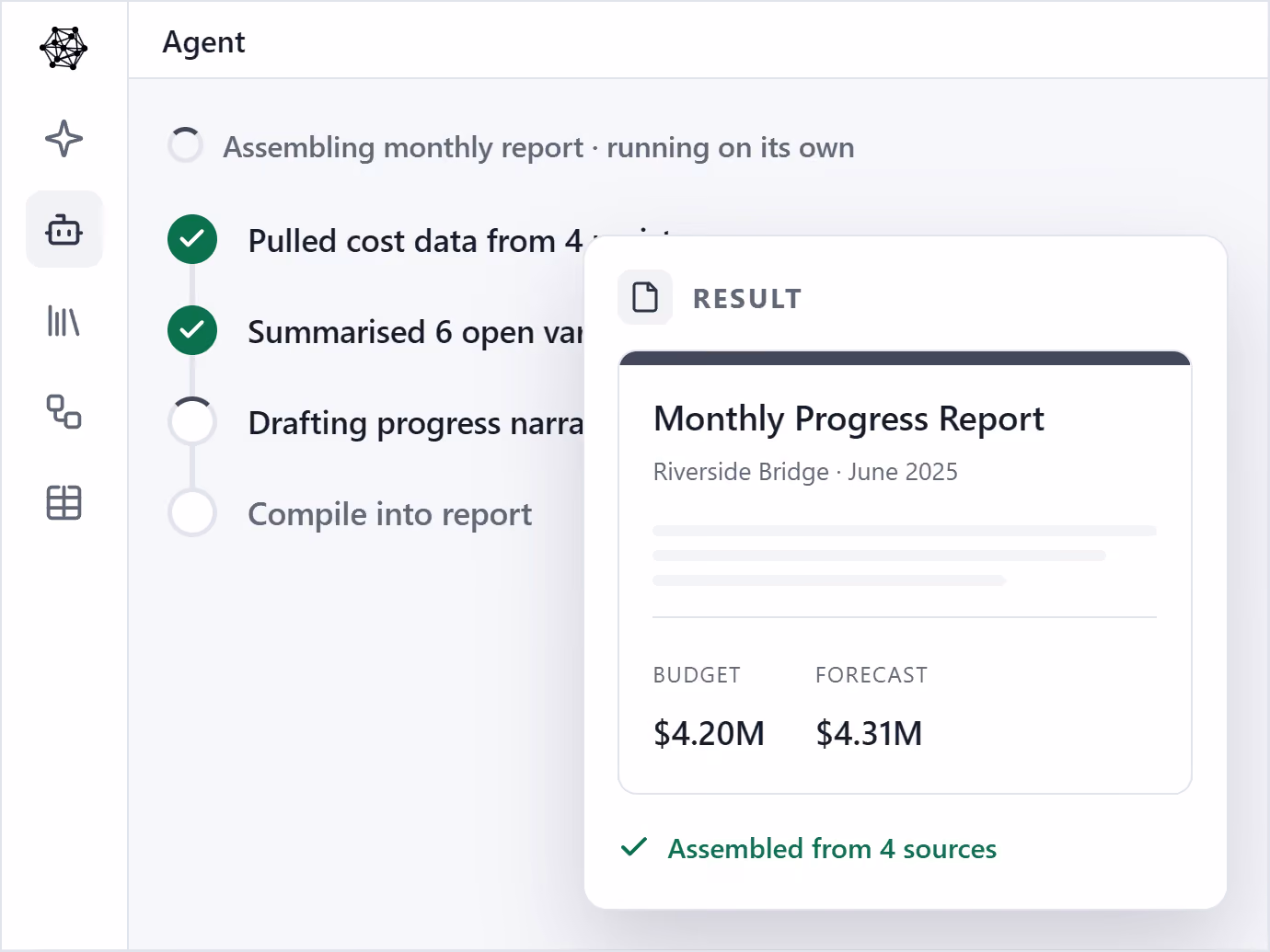 Mastt AI chat interface with role selector for project and program teams automating contract and payment workflows.
