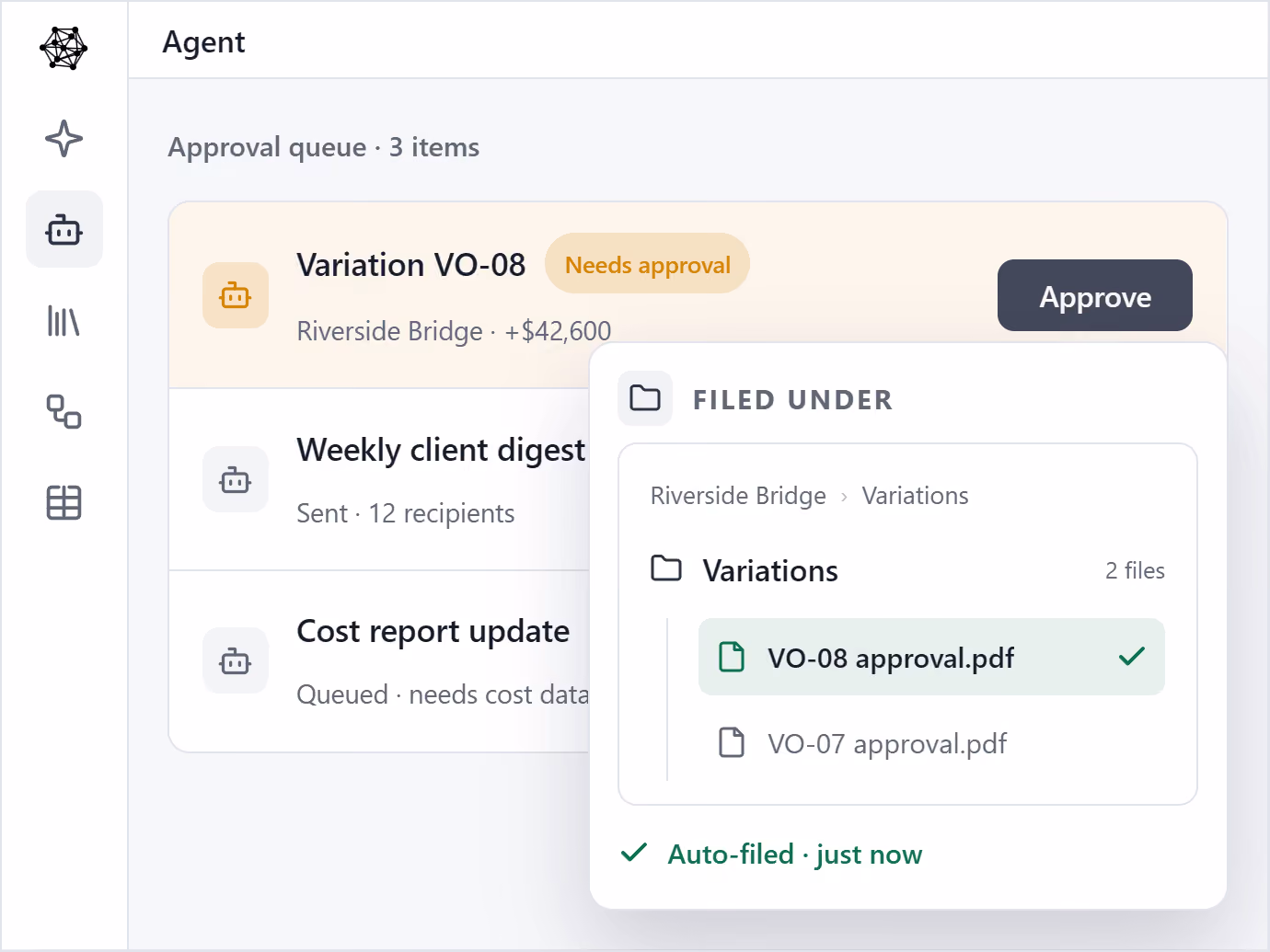 91±¬ÁÏ Agent holding variation VO-08 (+$42,600) for human approval, then auto-filing the approved PDF under Variations.