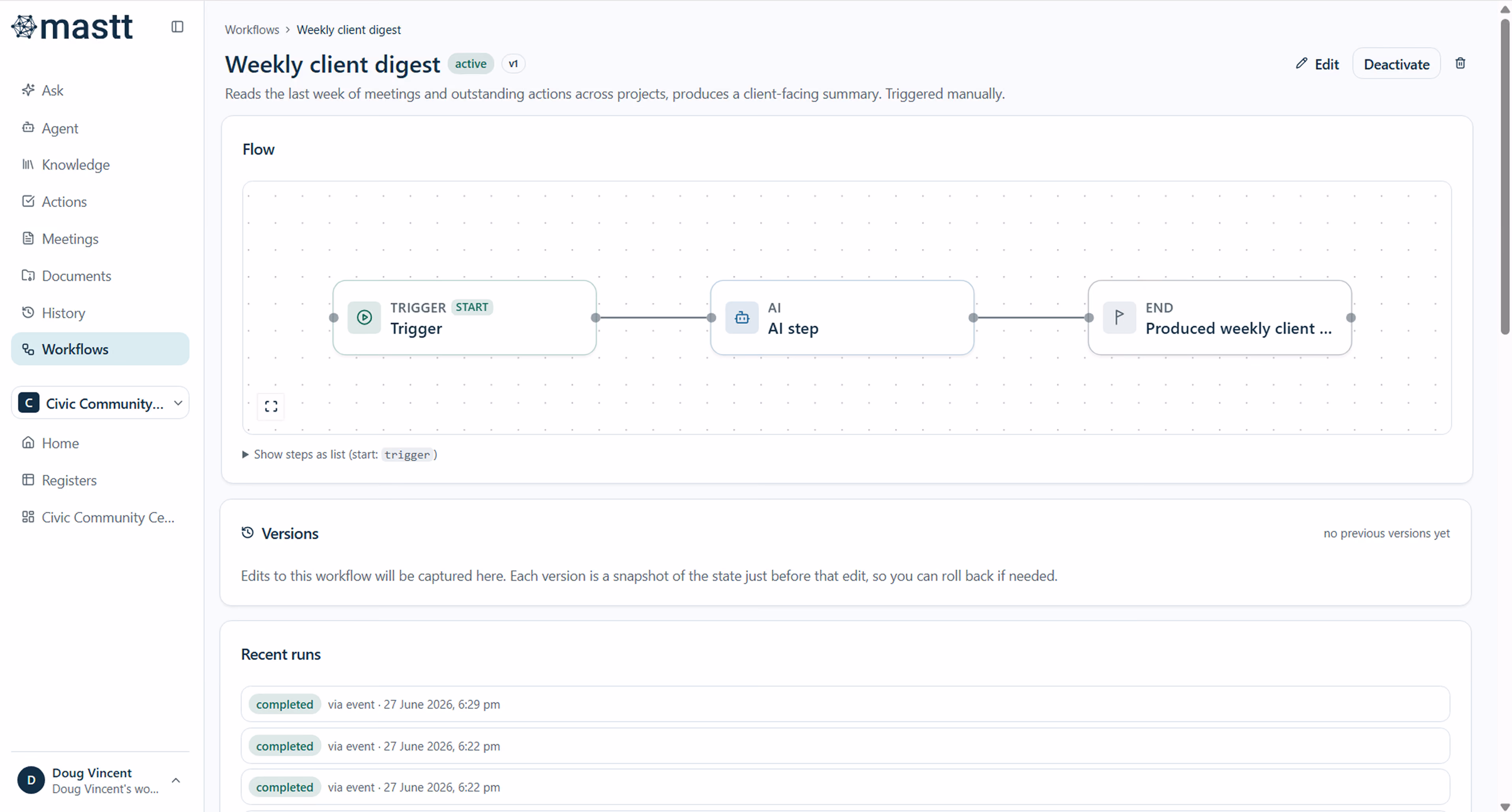 Screenshot of the Mastt AI Contract Assistant interface showing a natural language chat explaining the payment process under a consultancy contract. The AI displays a step-by-step payment process