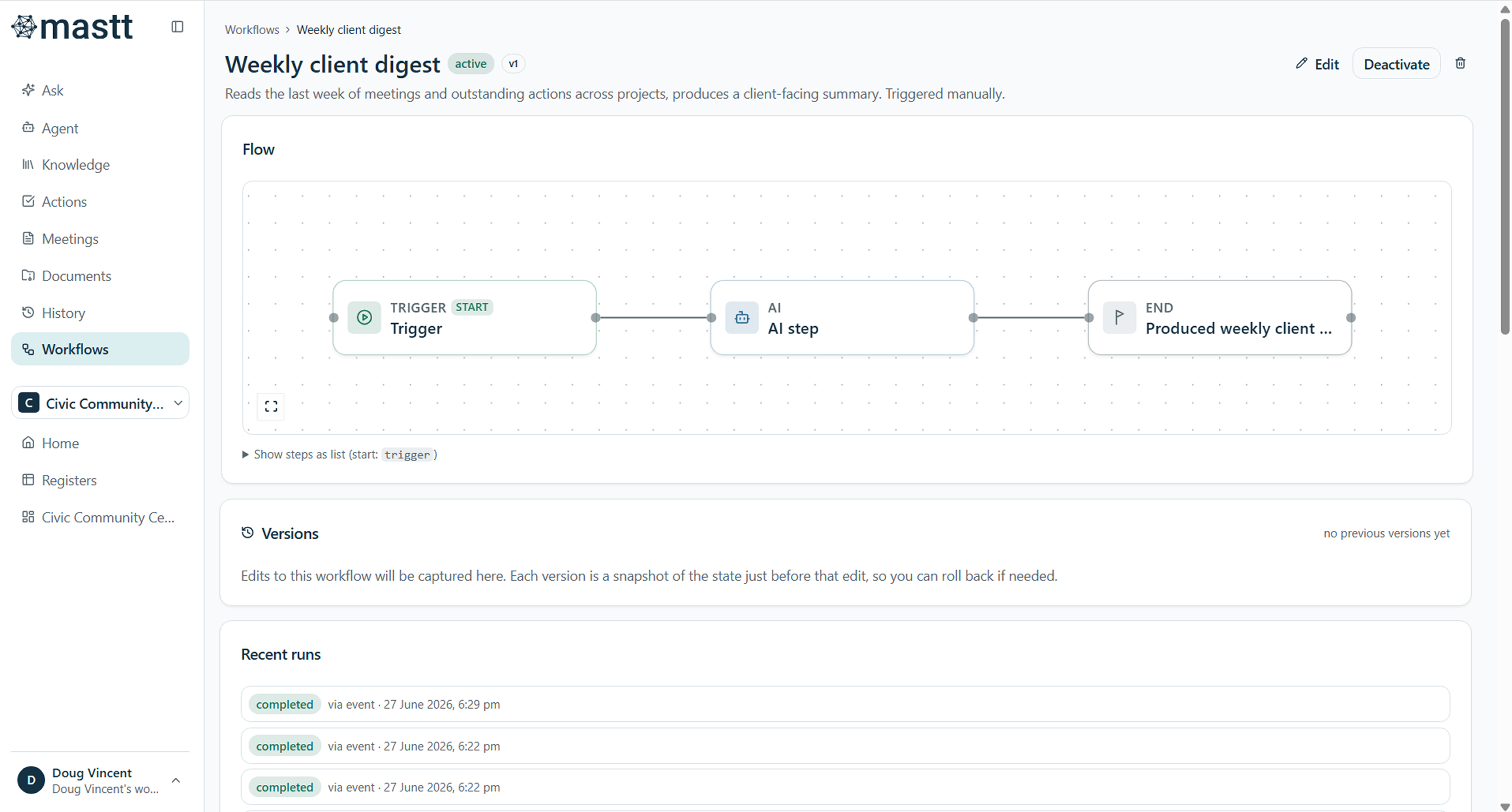 Screenshot of the Mastt AI Contract Assistant interface showing a natural language chat explaining the payment process under a consultancy contract. The AI displays a step-by-step payment process