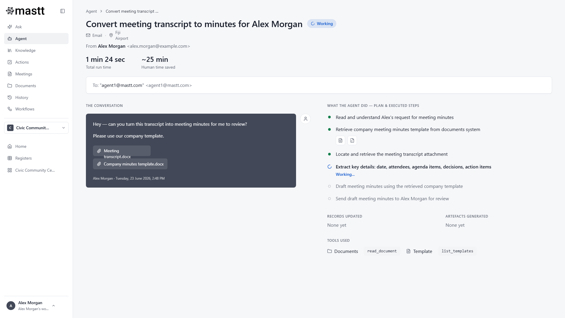 Screenshot of the Mastt AI Contract Assistant interface showing a natural language chat explaining the payment process under a consultancy contract. The AI displays a step-by-step payment process