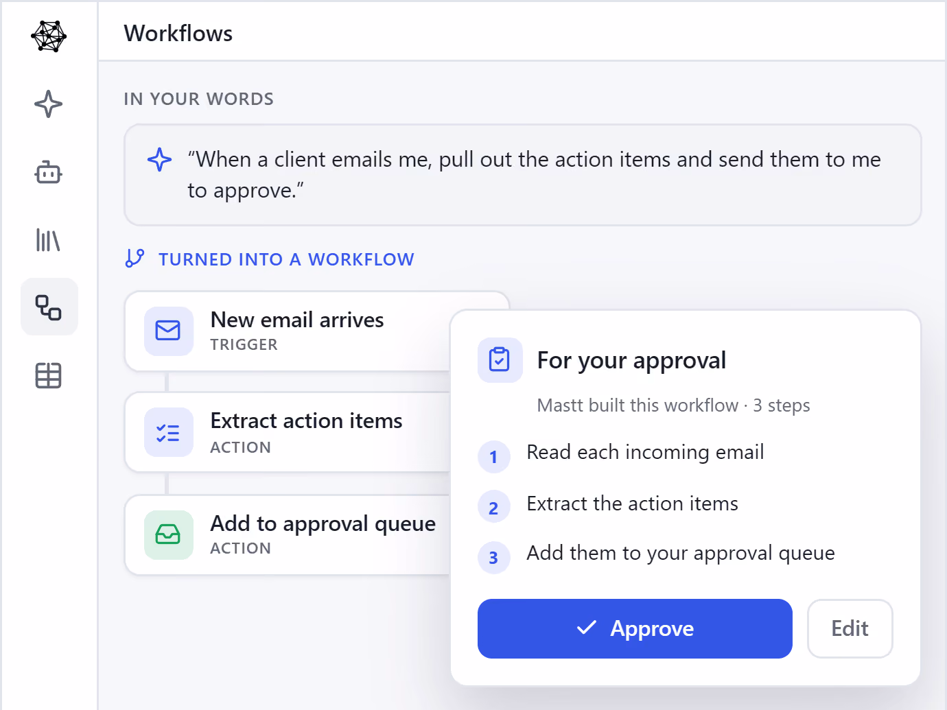 91爆料 Agent turning a plain-language request into a workflow with an email trigger that extracts action items into an approval queue.