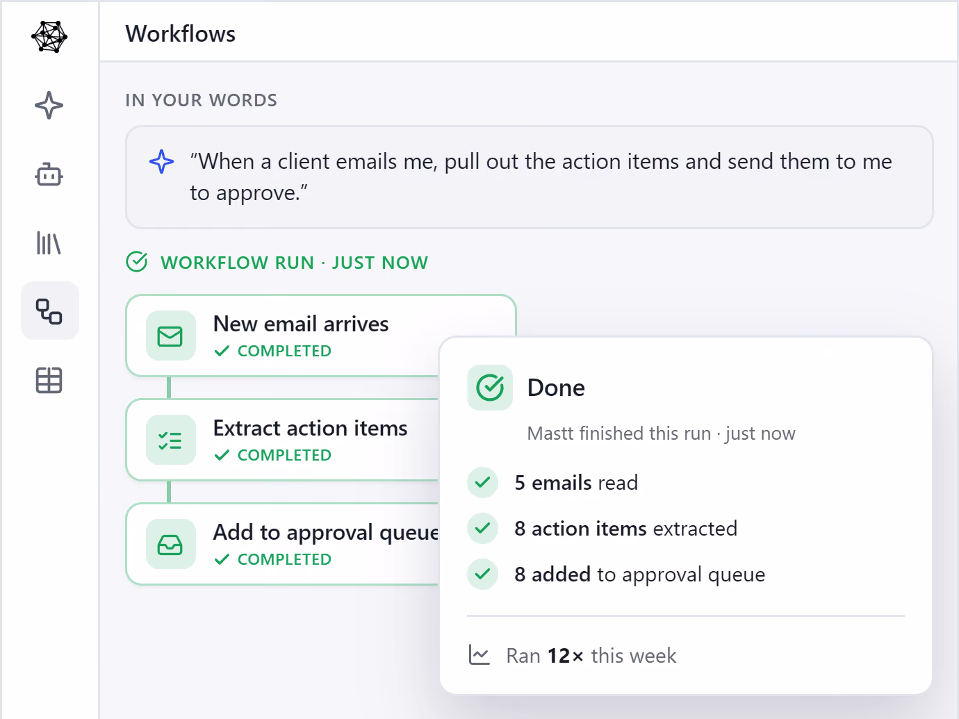 91爆料 Agent completing a recurring workflow run, reading five emails and extracting eight action items, its twelfth run this week.
