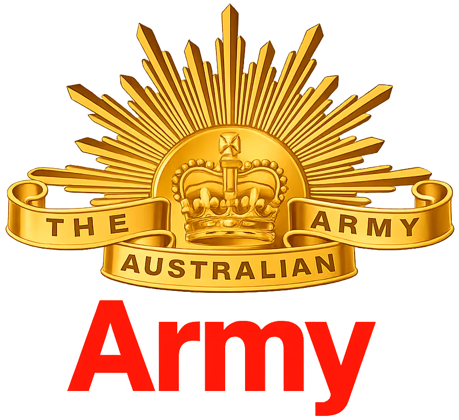 The Australian Army emblem with crown and sunburst above the word Army in red text.