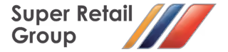 Super Retail Group text logo with three slanted bars in orange, blue, and red on the right.