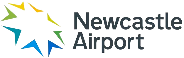 Newcastle Airport logo with colorful star-shaped graphic and text.