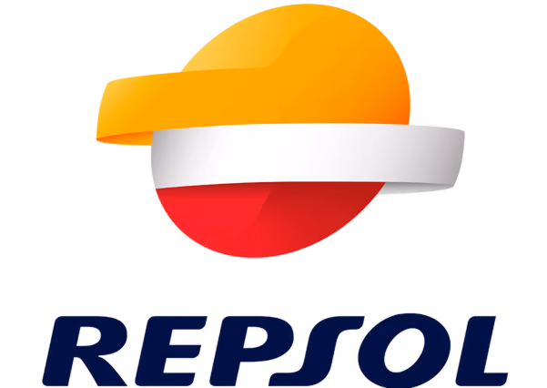 Repsol logo featuring an abstract circular shape with an orange top half, a red bottom half, and a white stripe across the middle above the bold navy blue text 'REPSOL'.