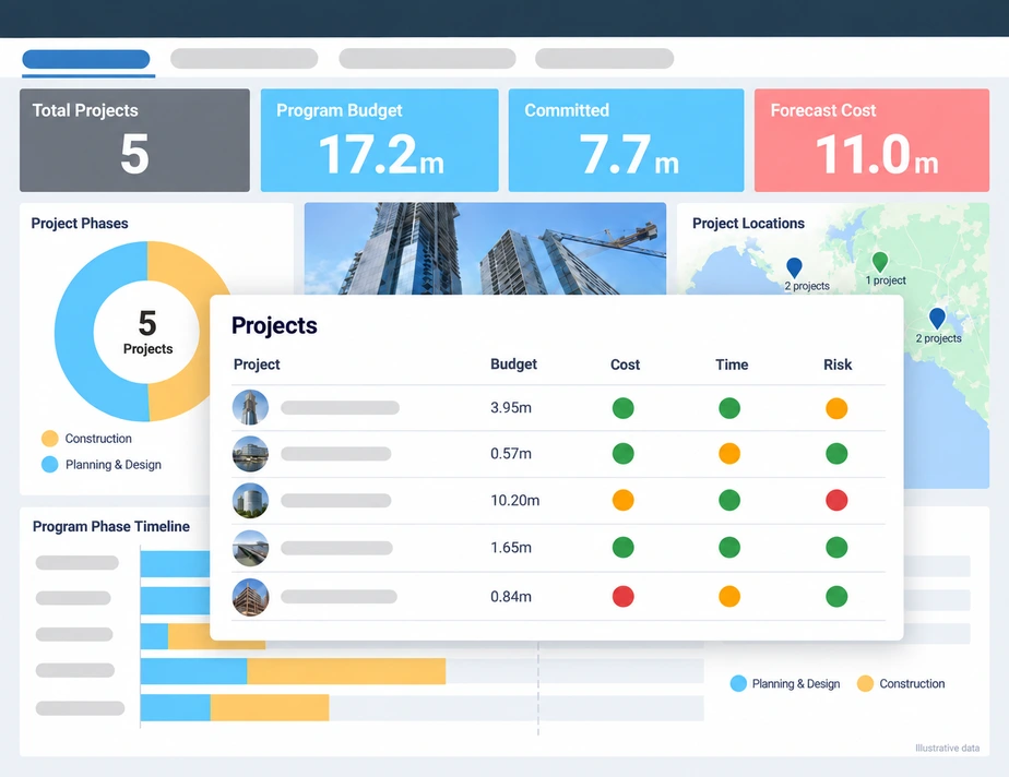 Portfolio dashboard showing budgets, project locations, timelines, and cost, schedule and risk status across five construction projects.