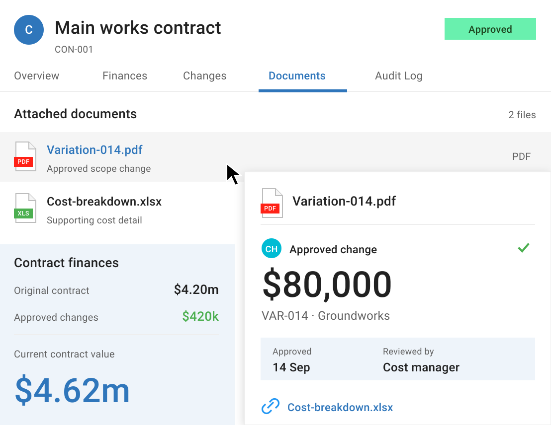 Mastt PMIS contract record showing an approved variation, revised contract value and supporting documents.