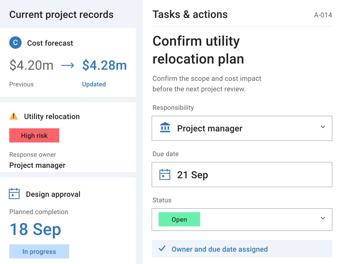 Mastt project costs, risk and milestone records beside an action assigned to a project manager with a due date.