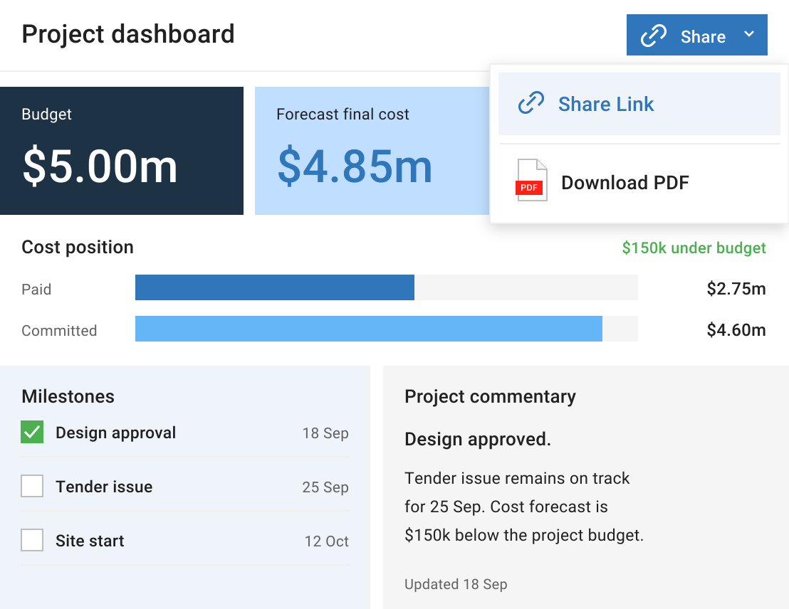 Mastt project dashboard with cost data, milestones and commentary, plus Share Link and Download PDF options.