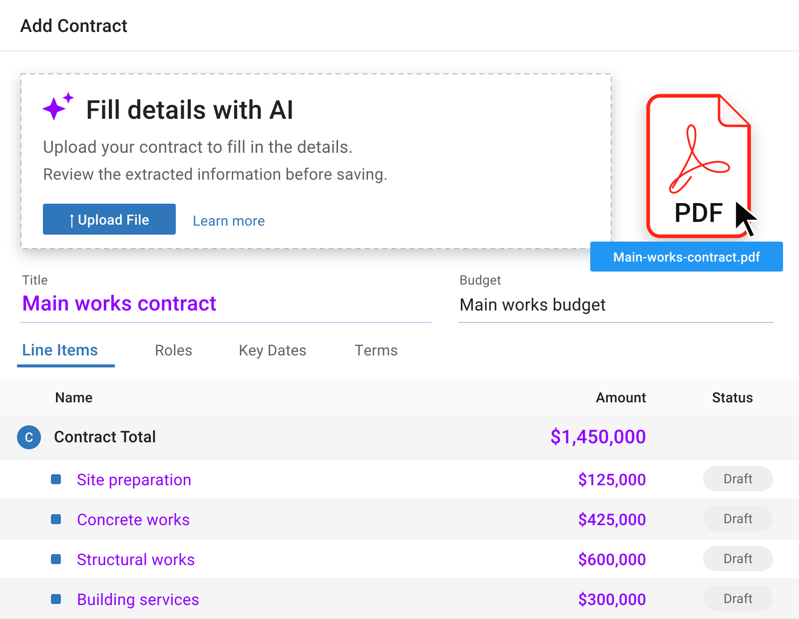 Mastt AI populating contract details and line-item amounts from an uploaded PDF for review before saving.