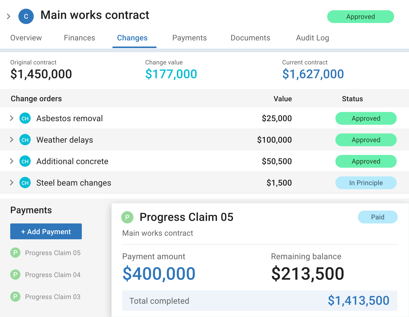 Mastt contract record showing change order statuses, a $400,000 progress payment, and the remaining contract balance.