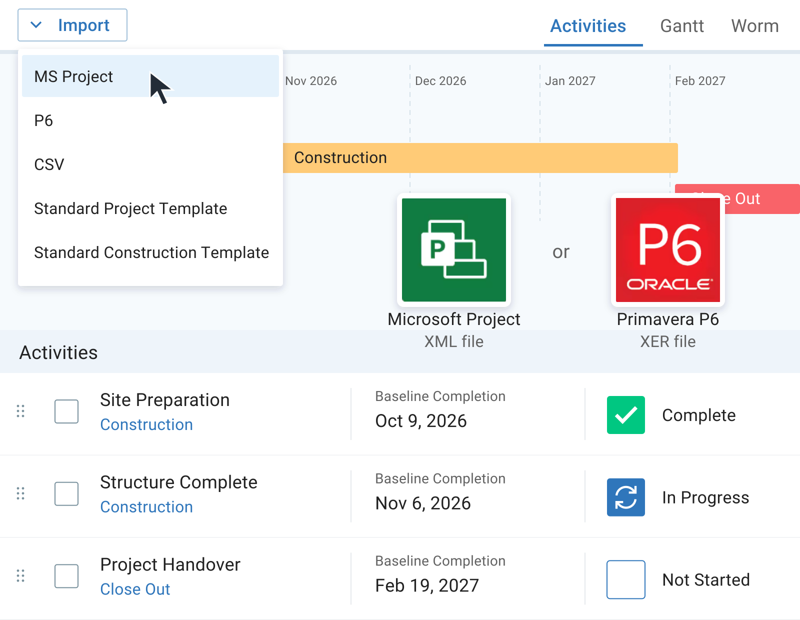 Mastt’s open Import menu with Microsoft Project and Primavera P6 logos, XML and XER file labels, and schedule activities.