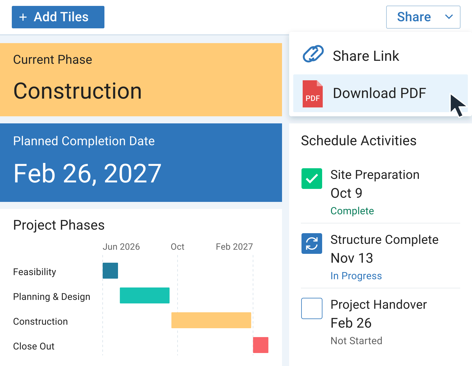 Mastt schedule dashboard with Share Link and Download PDF options, a cursor pointing to Download PDF, and project phase, completion date, and milestone summaries.