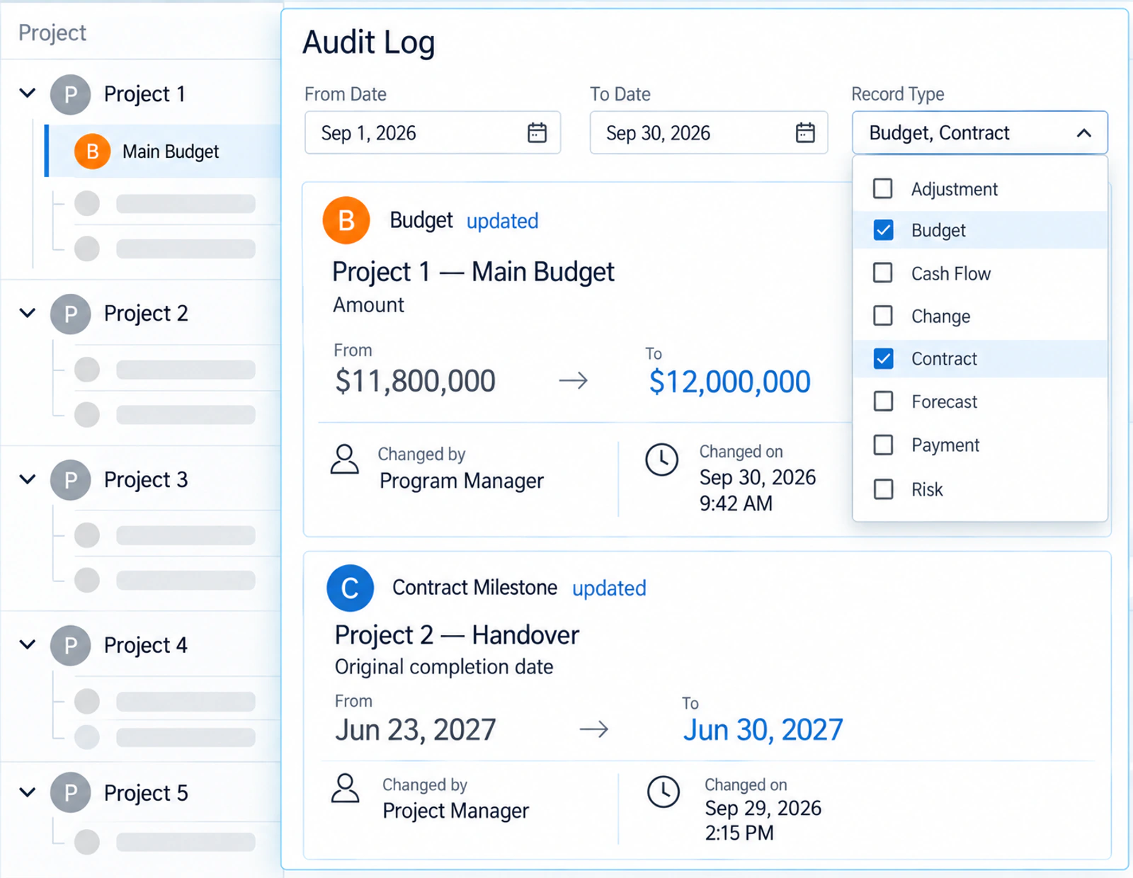 Mastt program audit log with an open Record Type filter, showing budget and milestone changes, responsible users, and timestamps.