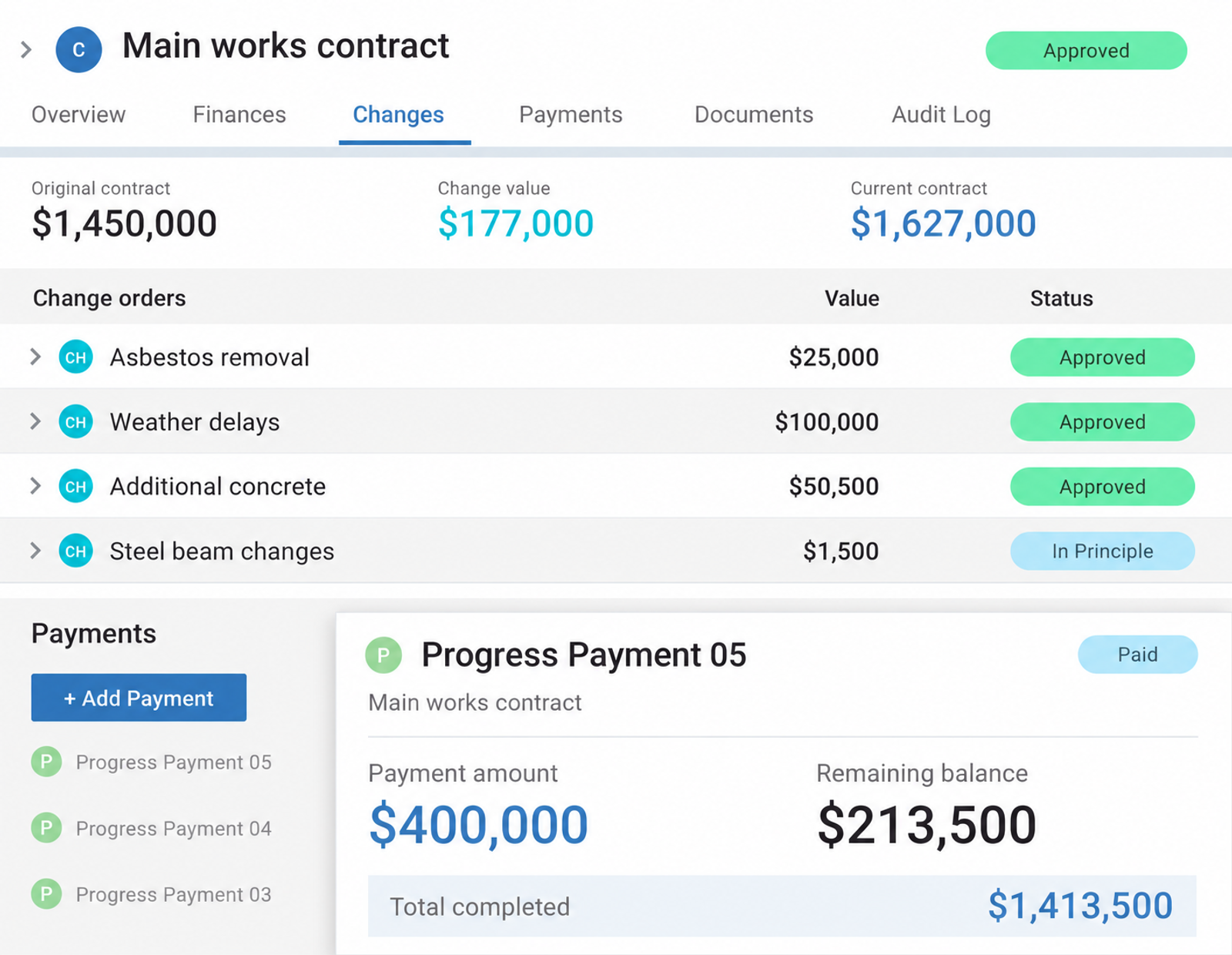 Mastt contract record showing change order statuses, a $400,000 progress payment, and the remaining contract balance.