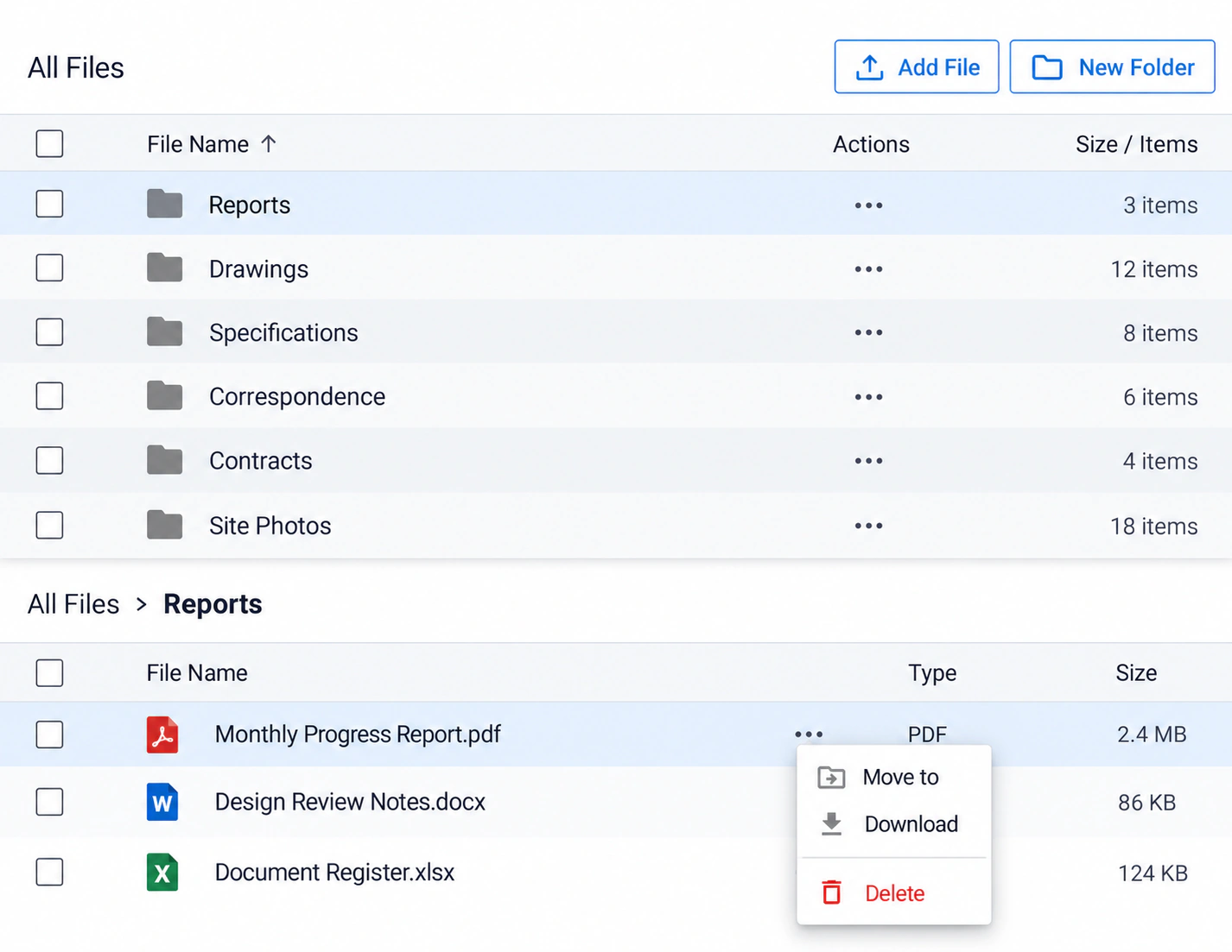 Mastt project document library with organized folders and an open file Actions menu showing Move to, Download, and Delete.