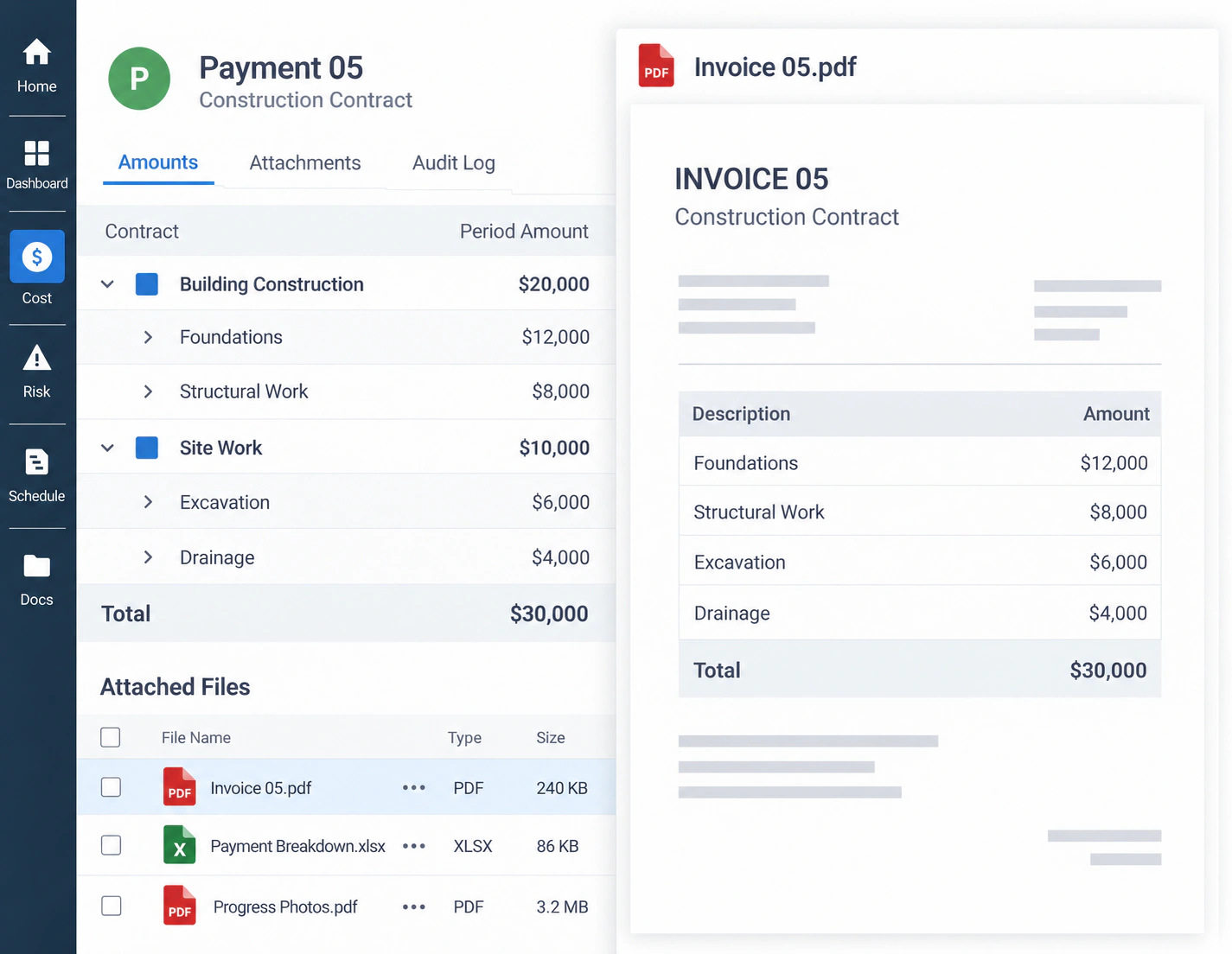 Construction payment breakdown beside its attached invoice, with matching line items and a $30,000 total.