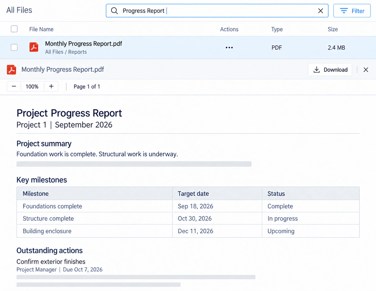 Filename search in Mastt showing a matching progress report open with its summary, milestone dates, and outstanding action.