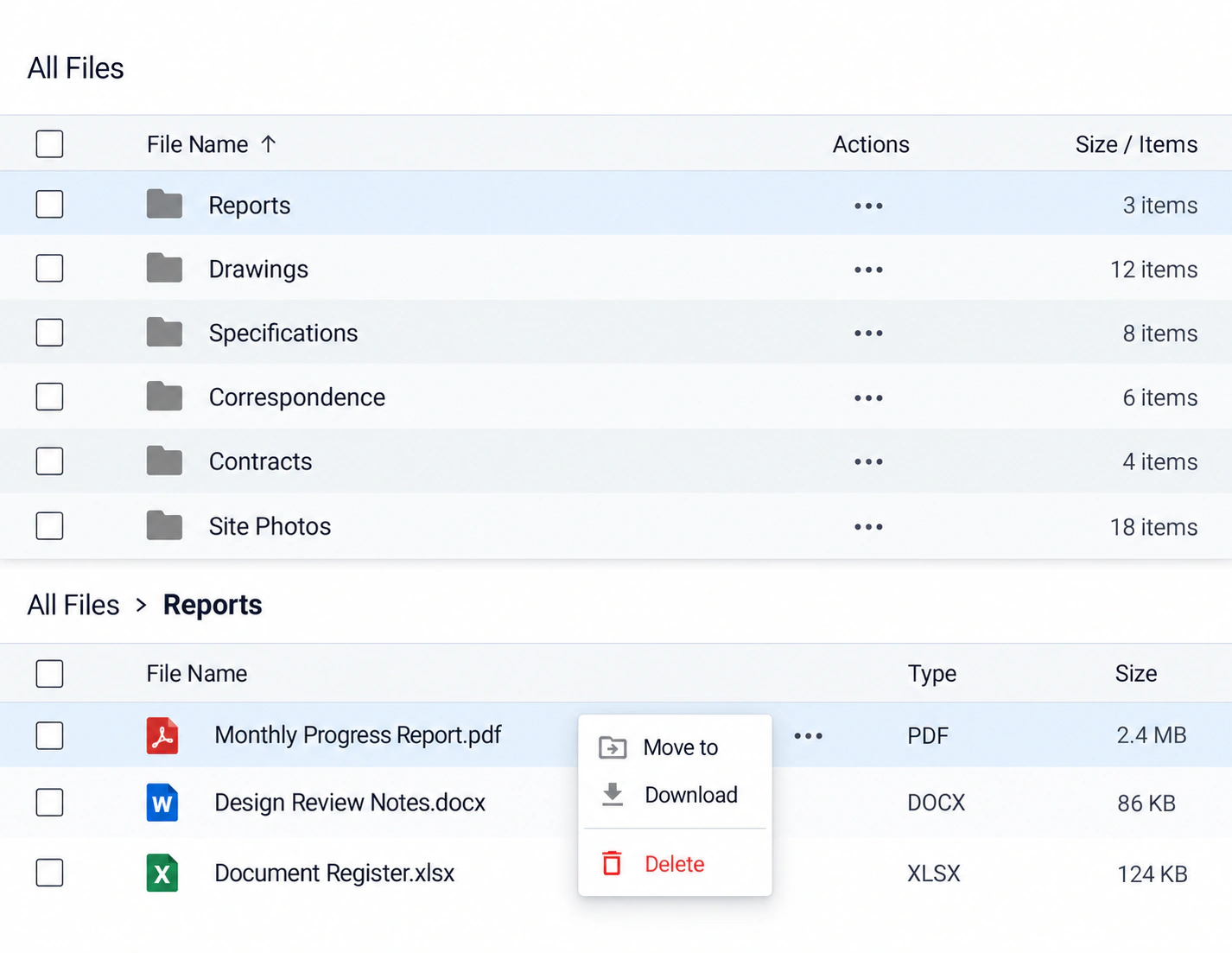 Mastt document library with project folders, PDF, Word, and Excel files, and an open Actions menu for moving, downloading, or deleting a file.
