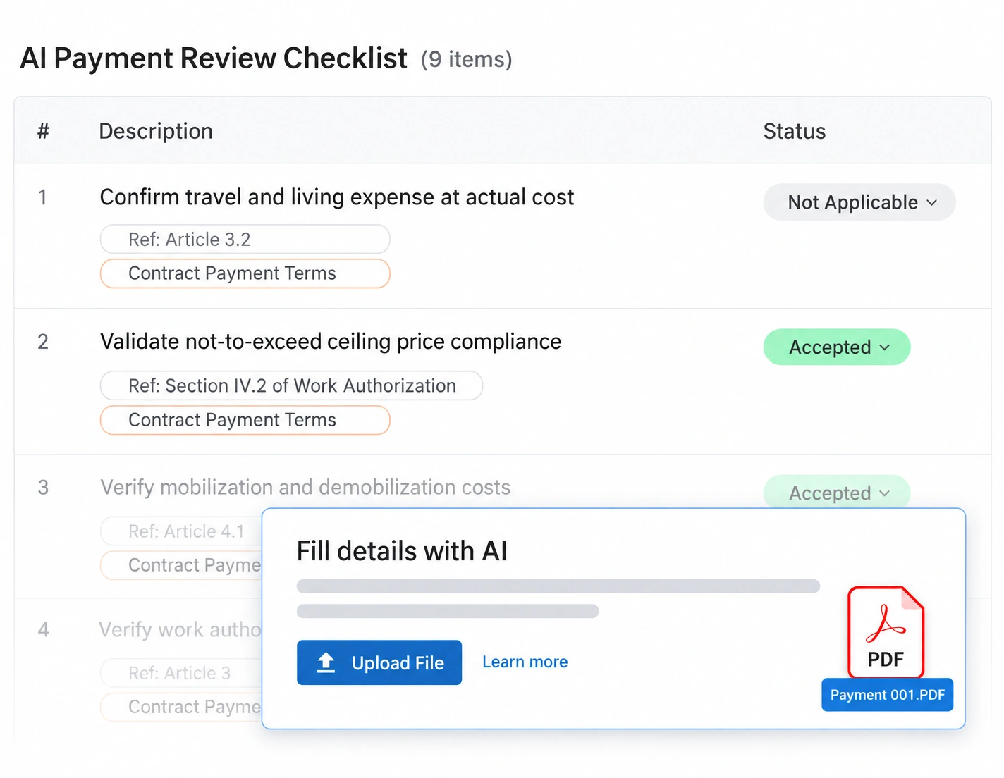 Payment review checklist with contract references, review statuses, and a PDF upload panel in Mastt.