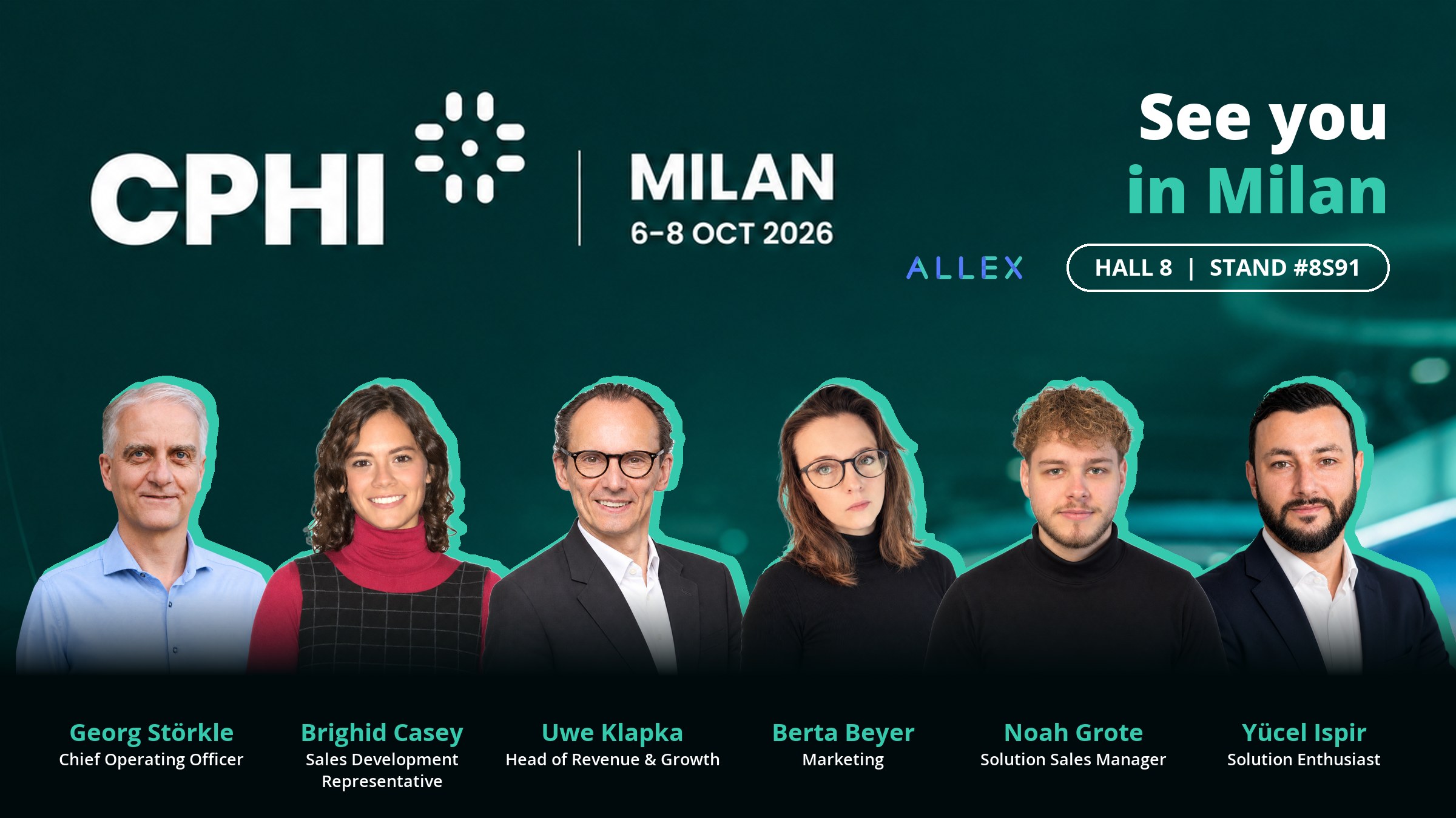 The Allex.ai team at CPHI Milan 2026: Georg Störkle, Brighid Casey, Uwe Klapka, Berta Beyer, Noah Grote and Yücel Ispir