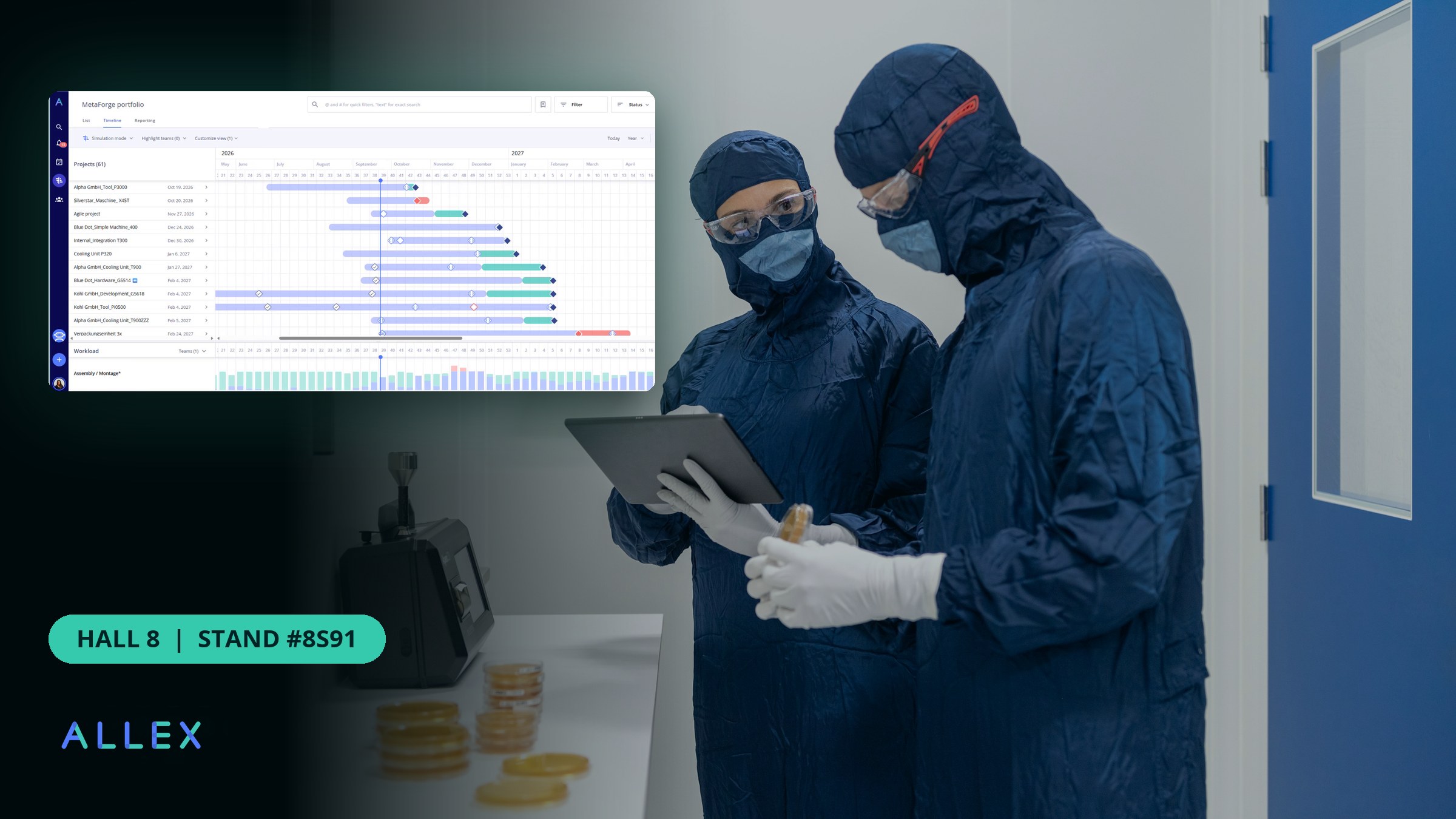 Allex.ai portfolio timeline and workload view next to two cleanroom specialists reviewing a tablet, Hall 8, Stand 8S91