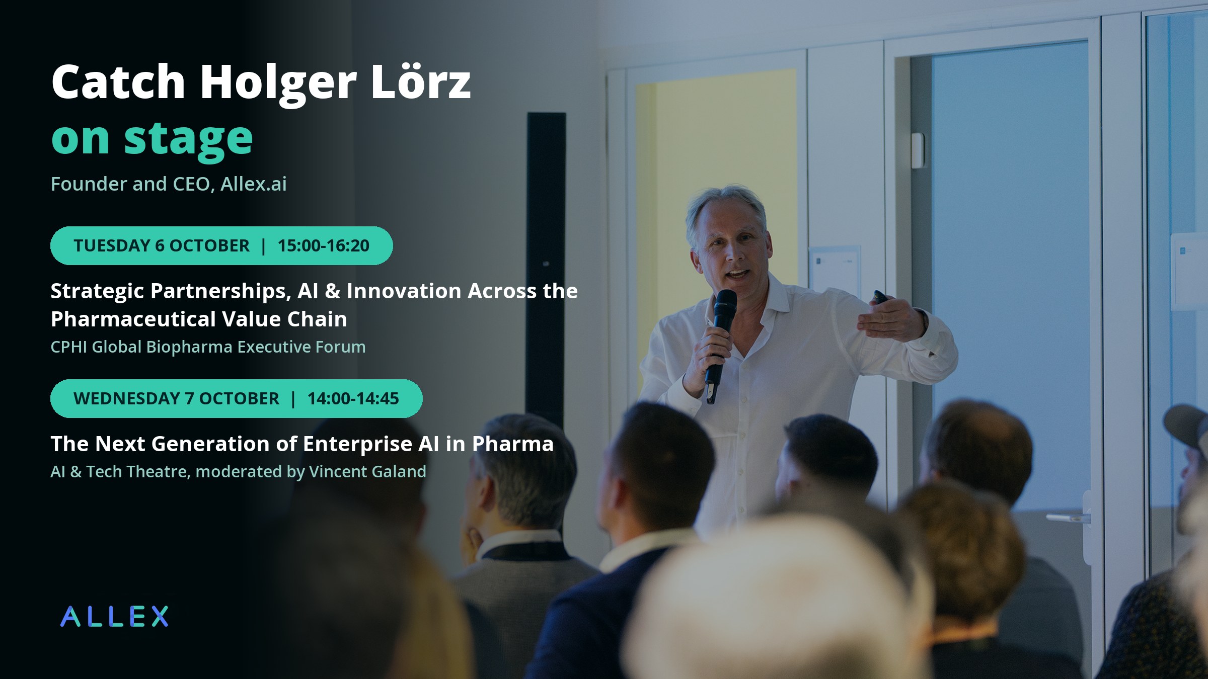 Holger Lörz, Founder and CEO of Allex.ai, speaking on stage, with his two CPHI Milan 2026 panel sessions