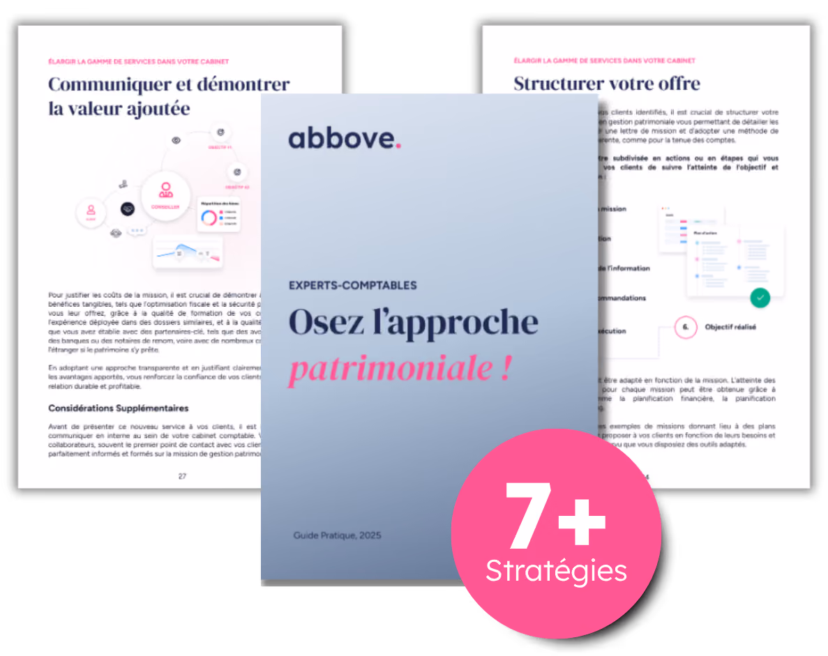 Image d'un outil collaboratif de planification patrimoniale pour un client. Comprend un tableau d'inventaire immobilier avec des catégories telles que l'immobilier, les investissements et les assurances. Affiche un arbre généalogique et un graphique circulaire coloré des types d'actifs. Une icône rose avec le signe du dollar indique les discussions financières.